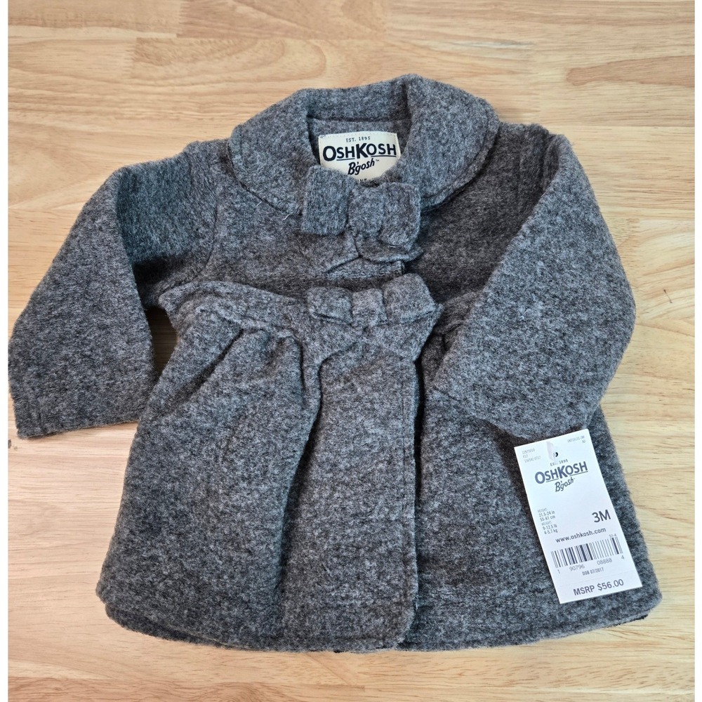 OshKosh Bgosh Baby Girl Gray Bow Pea Coat Jacket 3M NWT 12875010